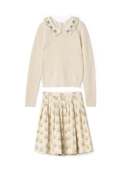 Lola Kids'  Crochet Collar Cherry Textured Knit Sweater And Corduroy Flower Skirt Two-piece Set In Neutral