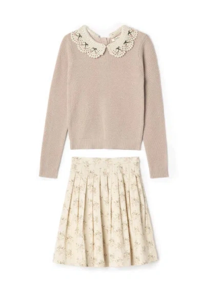 Lola Kids'  Crochet Collar Cherry Textured Knit Sweater And Corduroy Flower Skirt Two-piece Set In Nude