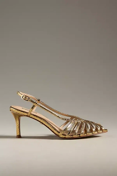 Lola Cruz Caged Slingback Heels In Gold