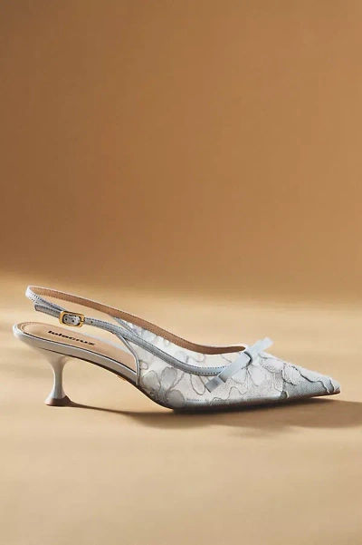 Lola Cruz Embroidered Lace Slingback Kitten Heels In Blue