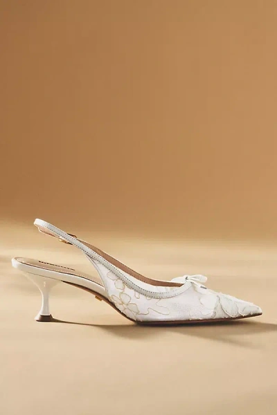 Lola Cruz Embroidered Lace Slingback Kitten Heels In White