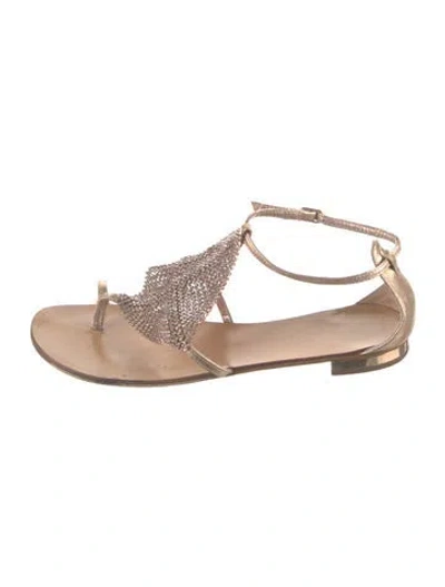 Pre-owned Lola Cruz Leather Crystal Embellishments Sandals In Neutrals
