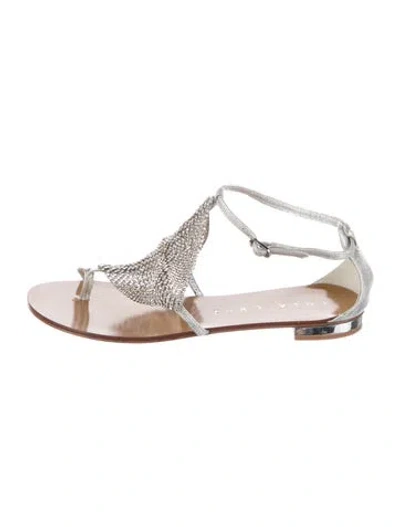 Pre-owned Lola Cruz Leather Crystal Embellishments Sandals In Silver