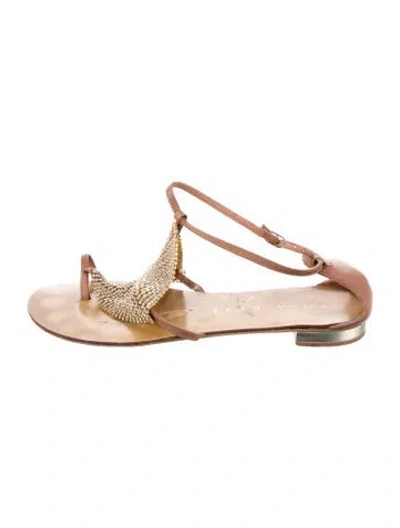 Pre-owned Lola Cruz Leather Crystal Embellishments Slides In Brown