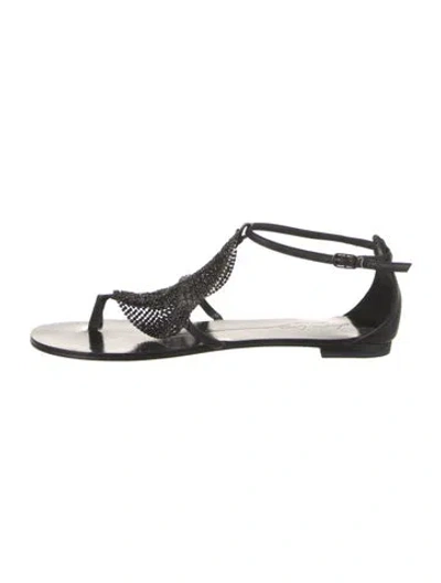 Pre-owned Lola Cruz Leather Crystal Embellishments T-strap Sandals In Black