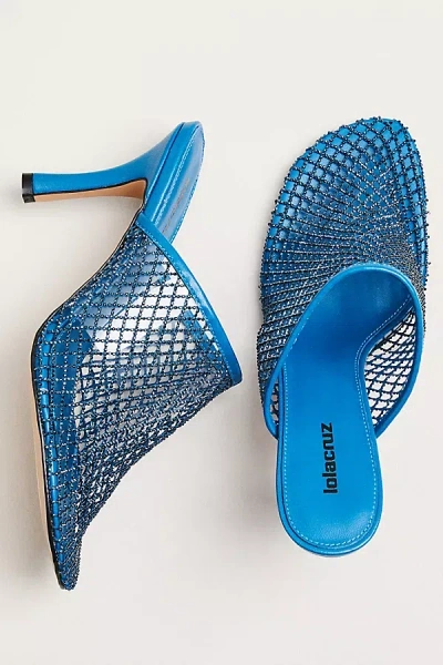 Lola Cruz Rhinestone Netted Mule Heels In Blue
