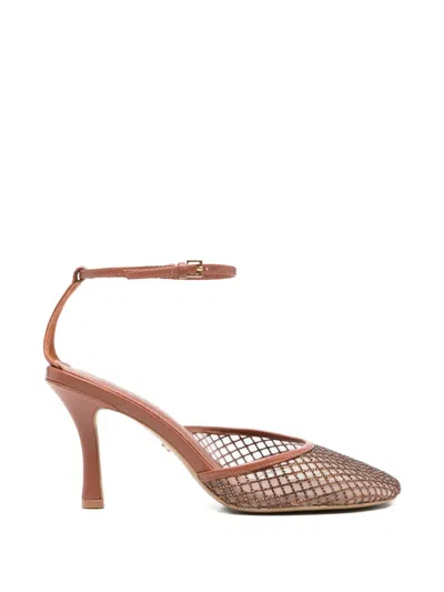 Lola Cruz Ruby Ankle Strap Net Pumps In Brown