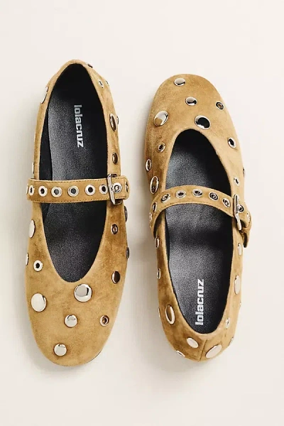 Lola Cruz Studded Grommet Mary Jane Flats In Green