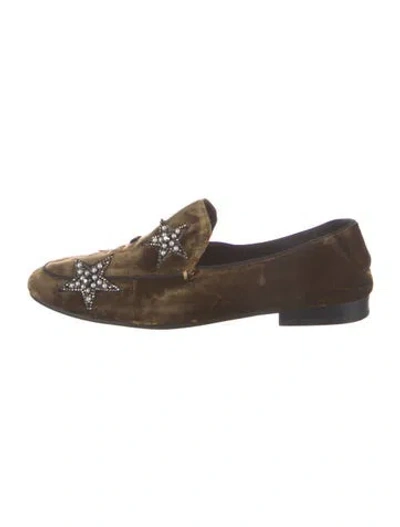 Pre-owned Lola Cruz Velvet Beaded Accents Loafers In Brown