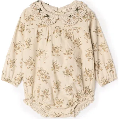 Lola Babies'  Flower Crochet Collar Corduroy Floral Bubble Romper In Brown