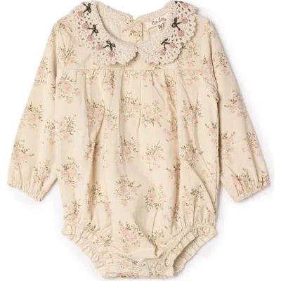 Lola Babies'  Flower Crochet Collar Corduroy Floral Bubble Romper In Neutral