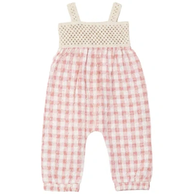 Lola Babies'  Girl Checkered Flower Embroidery Adjustable Strap Overall In Pink