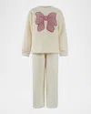 Lola + The Boys Girl's Big Bow Embellished Fuzzy Set In Cream