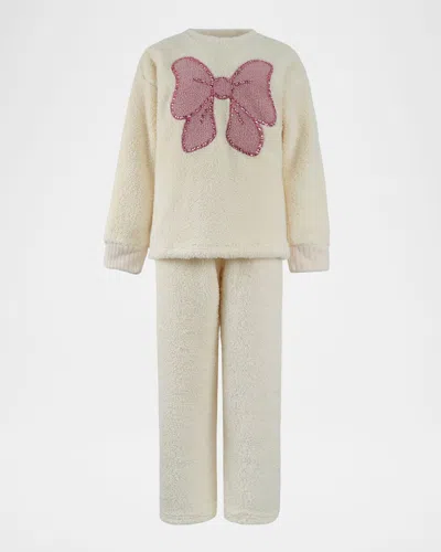 Lola + The Boys Kids' Girl's Big Bow Embellished Fuzzy Set In Cream