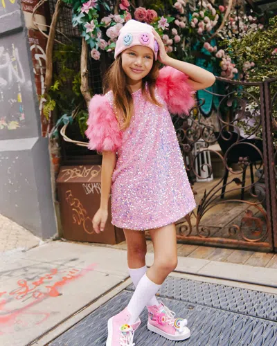 Lola + The Boys Kids' Girl's Faux Feathers Sequin Party Dress In Pink