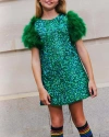 Lola + The Boys Girl's Jade's Feather Party Dress In Green