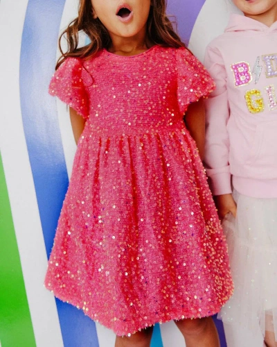 Lola + The Boys Kids' Girl's Margot Sequin Velour Dress In Bright Pink