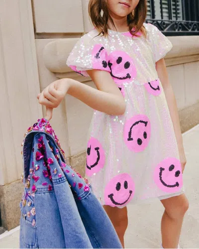 Lola + The Boys Girls' Pinkie Happy Emoji Sequined Dress - Little Kid, Big Kid In Bright Pink
