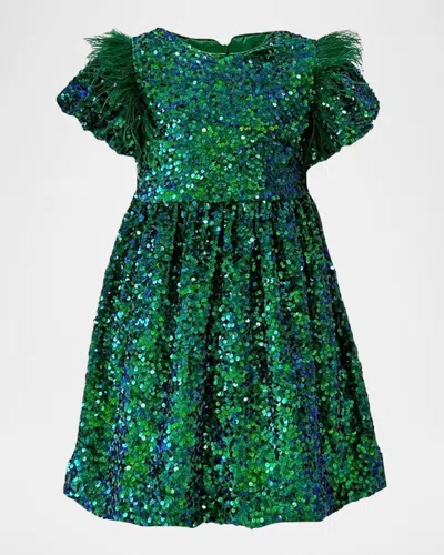 Lola + The Boys Kids' Girl's Puff Sequin Shimmer Party Dress In Green