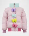 Lola + The Boys Girl's Puffer Jacket W/ Rainbow Bows In Pink