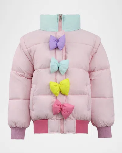 Lola + The Boys Kids' Girl's Puffer Jacket W/ Rainbow Bows In Pink