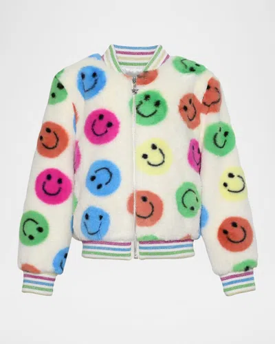 Lola + The Boys Kids' Girl's Rainbow Happy Face Plush Bomber Jacket In Multi