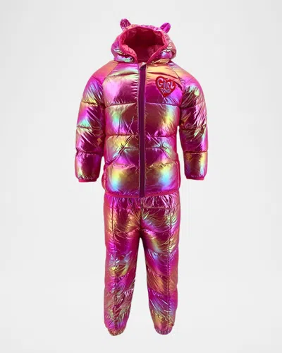 Lola + The Boys Kids' Girl's Rainbow Metallic Two-piece Snow Set In Pink