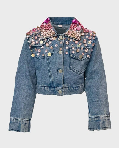 Lola + The Boys Girls' Sparkle Queen Gem Cropped Denim Jacket - Little Kid, Big Kid In Blue