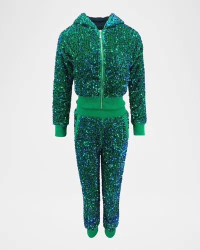 Lola + The Boys Girls' Sparkle Sequined Jacket & Joggers Set - Little Kid, Big Kid In Green