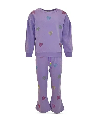 Lola + The Boys Girls' Crystal Hearts Cotton Heart Embellished Sweatshirt & Pants Set - Little Kid, Big Kid In Purple