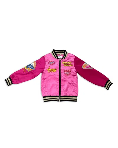 Lola + The Boys Girls' Wonder Woman Color Block Satin Bomber Jacket - Little Kid, Big Kid