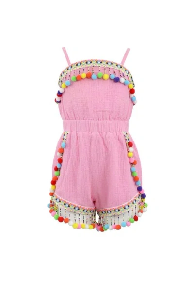 Lola + The Boys Kids'  Rainbow Pom Pom Romper In Pink