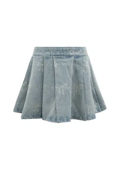 Lola + The Boys Kids'  Sparkle Bows Denim Pleated Skirt In Blue