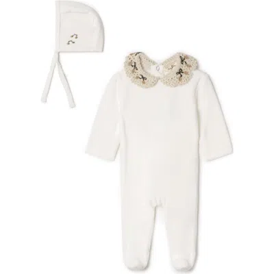 Lola Babies'  Velour Crochet Collar Snap Back Romper And Bonnet Set In White