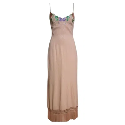 Pre-owned Lolita Lempicka S/s 1999 Embroidered Floral Slip Fringed Dress In Brown