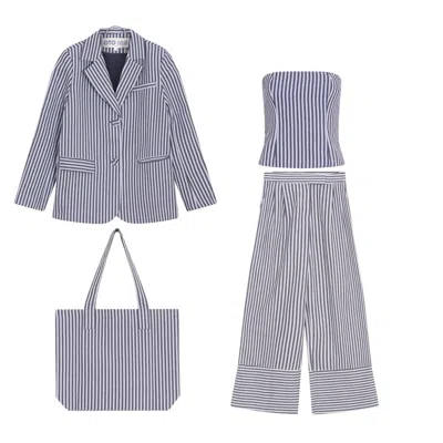 London Atelier Byproduct Blue White Striped Blazer Trousers Corset And Tote Bag Four Piece Co Cordinates Set