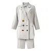 London Atelier Byproduct Neutrals Ivory Pin Stripe Linen Double Breasted Suit With Surrealist Eye Buttons In White