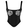 London Atelier Byproduct Women's Black Rib Knit Corset Top With Hand Beaded Flower Appliqué In Black