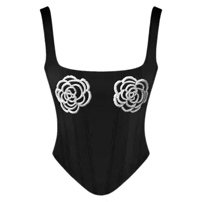 London Atelier Byproduct Women's Black Rib Knit Corset Top With Hand Beaded Flower Appliqué
