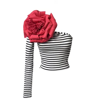 London Atelier Byproduct Women's Black / White / Red Striped One Sleeve Top With Red Flower Pin In Black/white/red