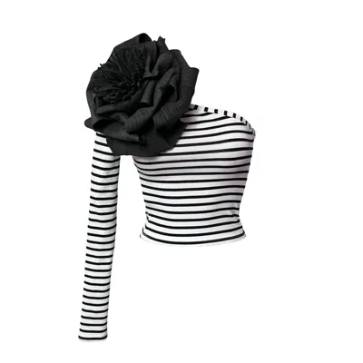 London Atelier Byproduct Women's Black / White Striped One Sleeve Top With Black Flower Pin In Black/white