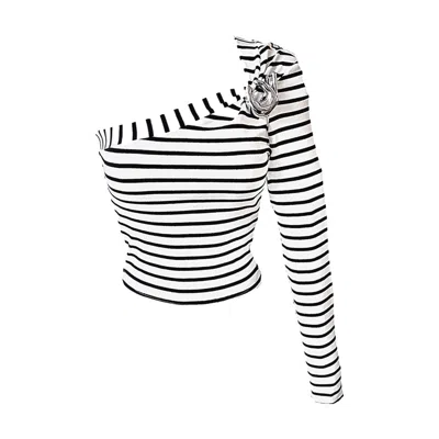 London Atelier Byproduct Women's Black / White Striped One Sleeve Top With Metal Brooch In Black/white