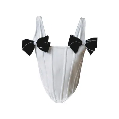 London Atelier Byproduct Women's Black / White White Rib Knit Corset Top With Bows In Black/white