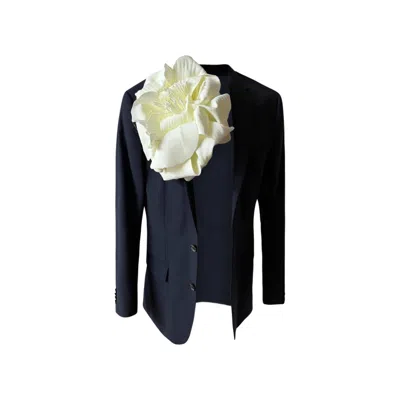 London Atelier Byproduct Women's Blue Navy Oversize Reworked Blazer With Big White Flower Pin