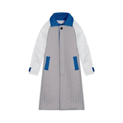 London Atelier Byproduct Women's Blue / White / Grey White Grey Blue Patchwork Colour Block Quilt Long Jacket In Blue/white/grey