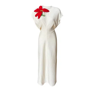 London Atelier Byproduct Women's Neutrals Beige Crinkled Long Dress With Crochet Flower