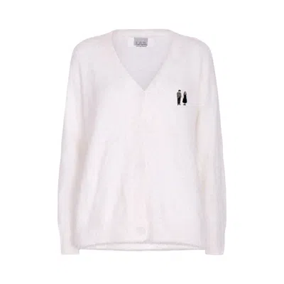London Atelier Byproduct Women's Neutrals Beige Fuzzy Knit Cardigan With Embroidery Patchess In White