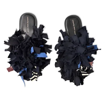 London Atelier Byproduct Women's Pom Pom Black Fabric & Leather Mules Slip On Shoes