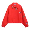 London Atelier Byproduct Women's Red Bomber Jacket With Boat Embroidery Patches In Red