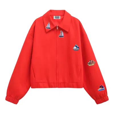 London Atelier Byproduct Women's Red Bomber Jacket With Boat Embroidery Patches